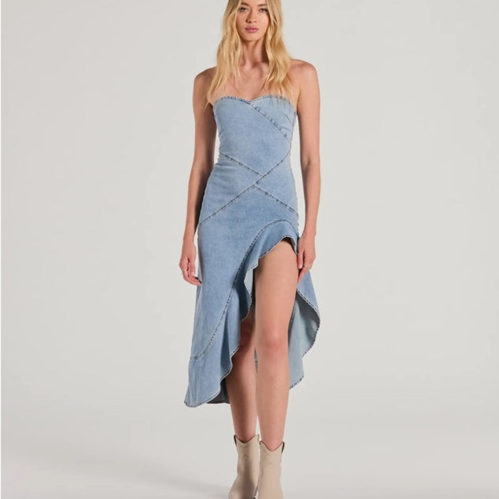 Strapless ruffle high low denim dress